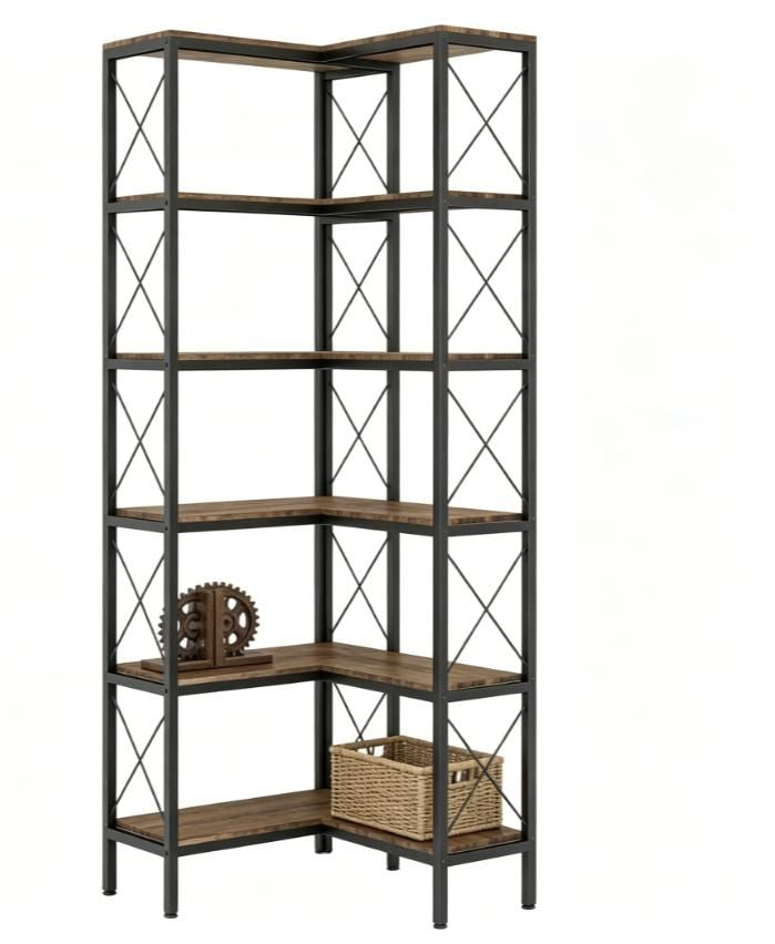 Rustic Brown Five-Tier L-Shaped Corner Bookcase