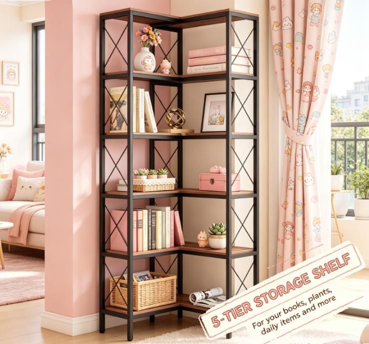 Rustic Brown Five-Tier L-Shaped Corner Bookcase