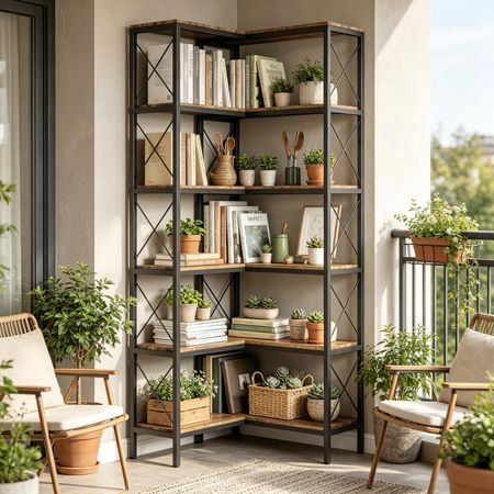 Rustic Brown Five-Tier L-Shaped Corner Bookcase