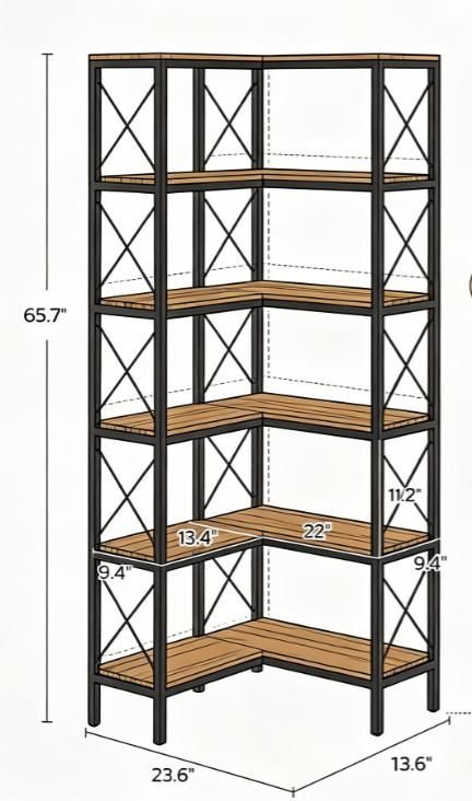 Rustic Brown Five-Tier L-Shaped Corner Bookcase