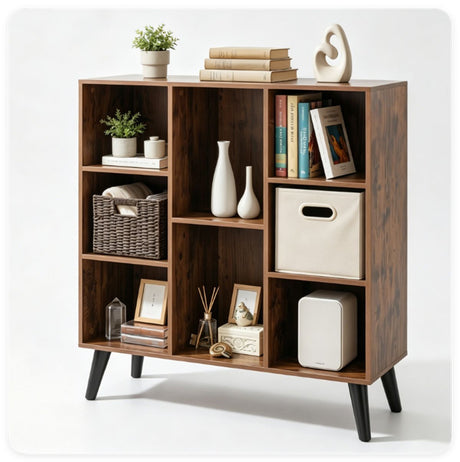 Rustic Brown 8-Cube Open Bookshelf with Top Display Shelf, Engineered Wood Freestanding