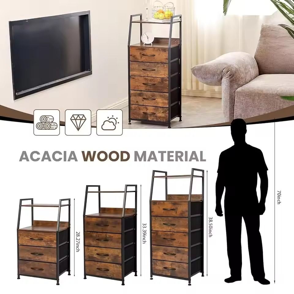 Rustic Brown Nightstand with Drawers and Display Shelves