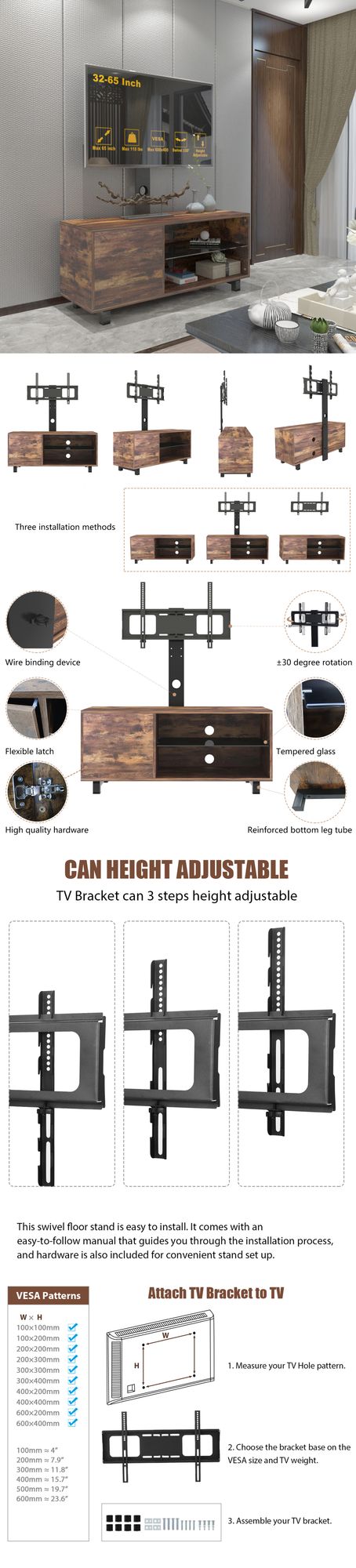 Rustic Brown TV Console with Push-to-Open Storage for Living Room