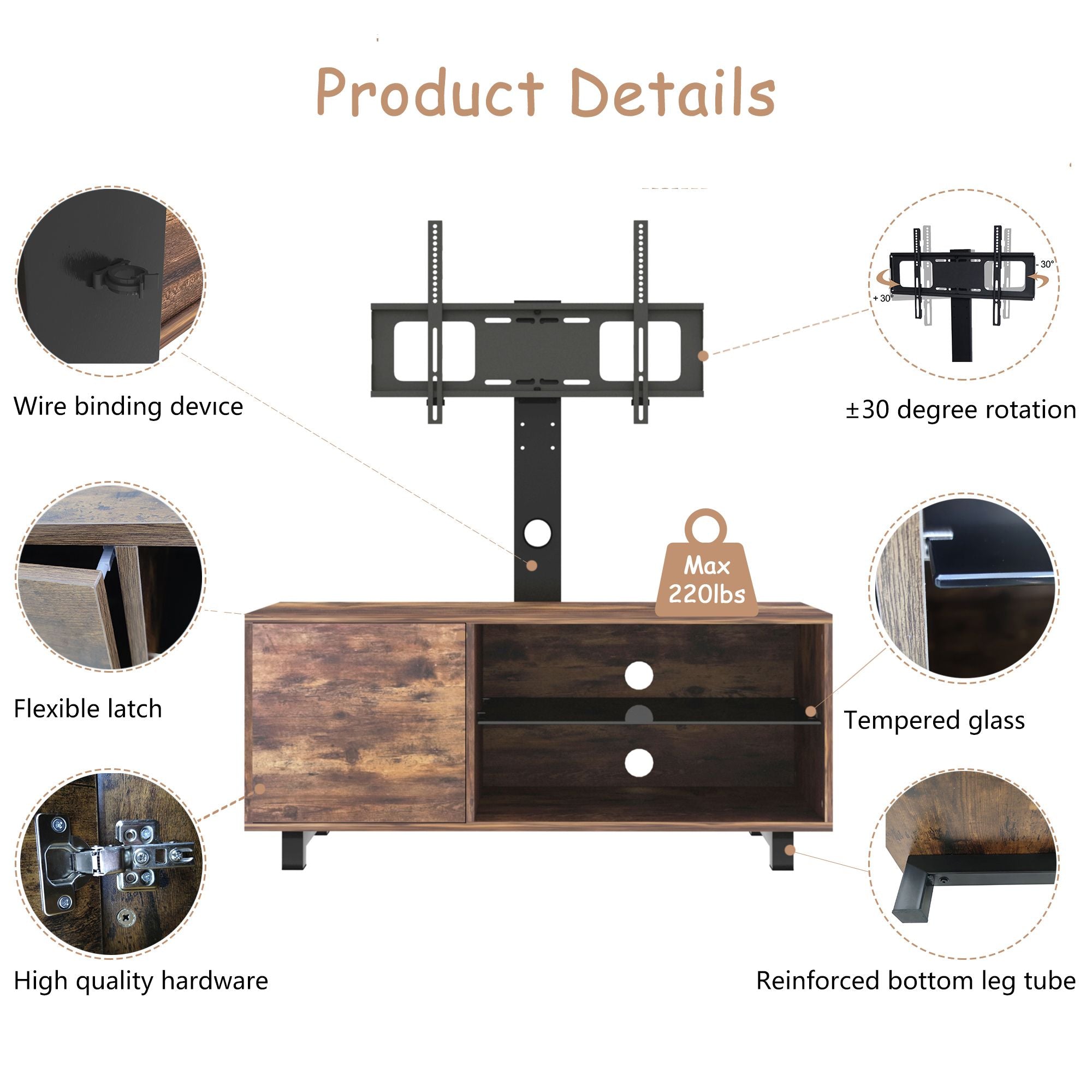 Rustic Brown TV Console with Push-to-Open Storage for Living Room