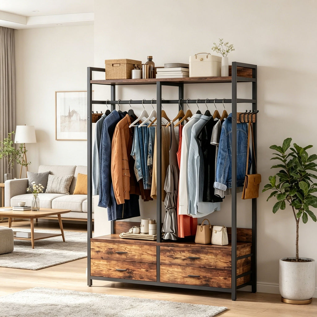 Rustic Coat Racks with 4 Drawers and 8 Hooks for Closet