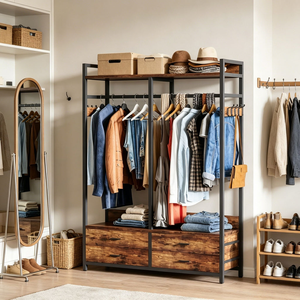 Rustic Coat Racks with 4 Drawers and 8 Hooks for Closet