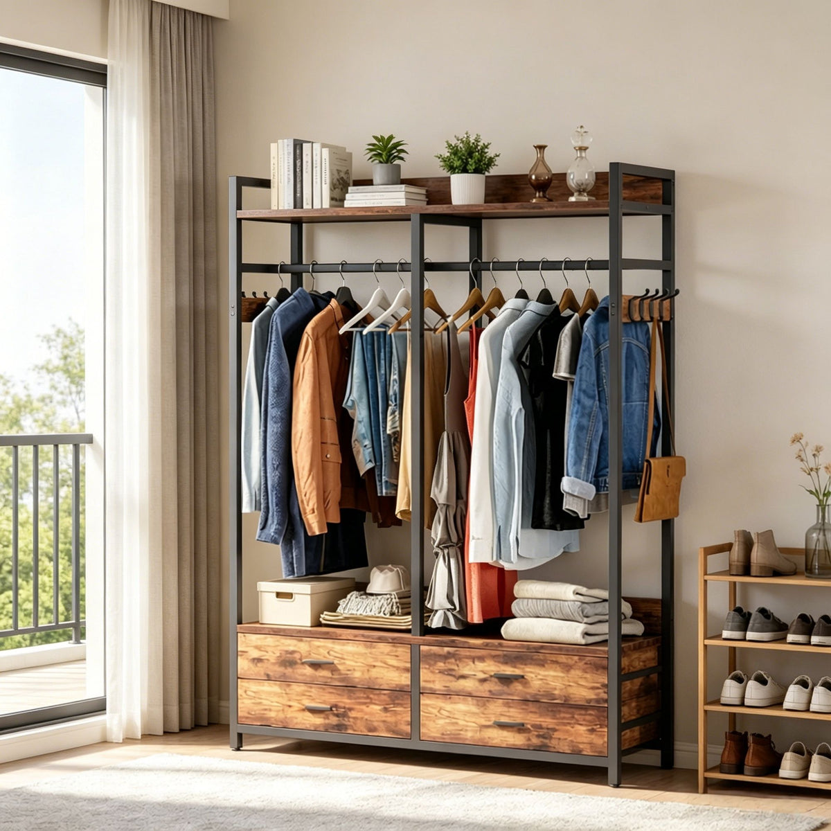 Rustic Coat Racks with 4 Drawers and 8 Hooks for Closet