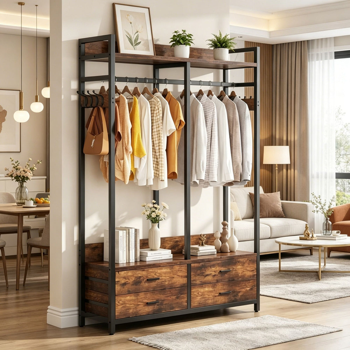 Rustic Coat Racks with 4 Drawers and 8 Hooks for Closet