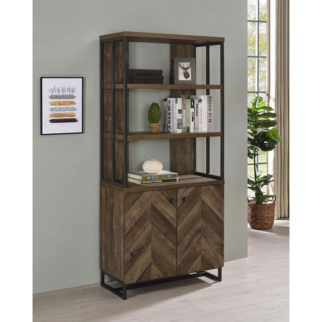 Rustic Oak Herringbone Bookcase with Open and Concealed Storage