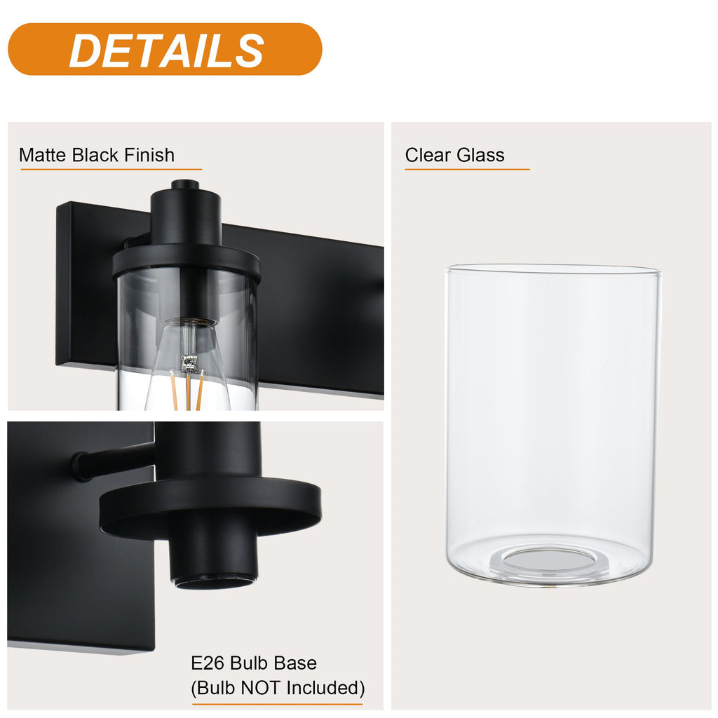 Rustic Wall Light Fixture in Matte Black with Clear Glass Shades