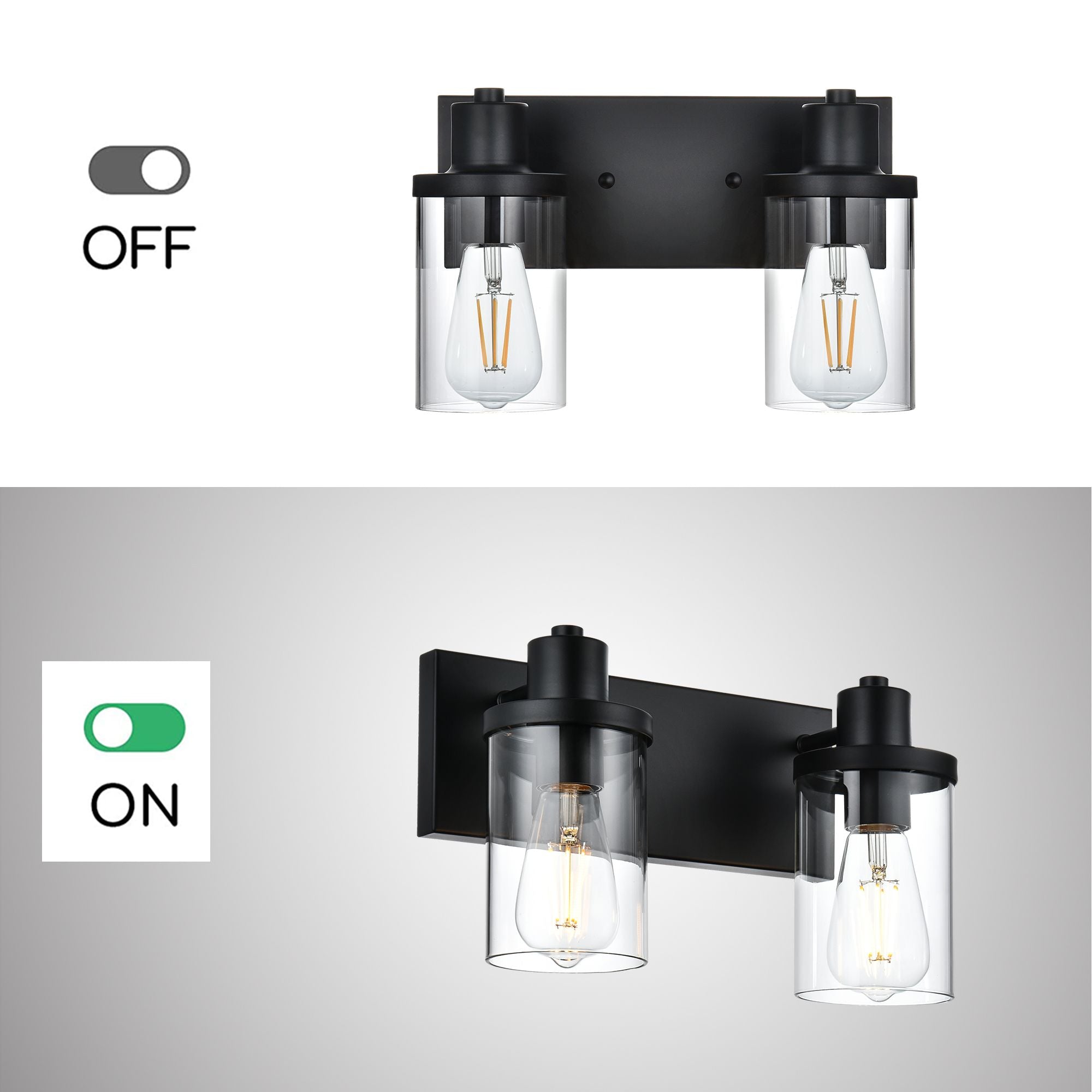 Rustic Wall Light Fixture in Matte Black with Clear Glass Shades