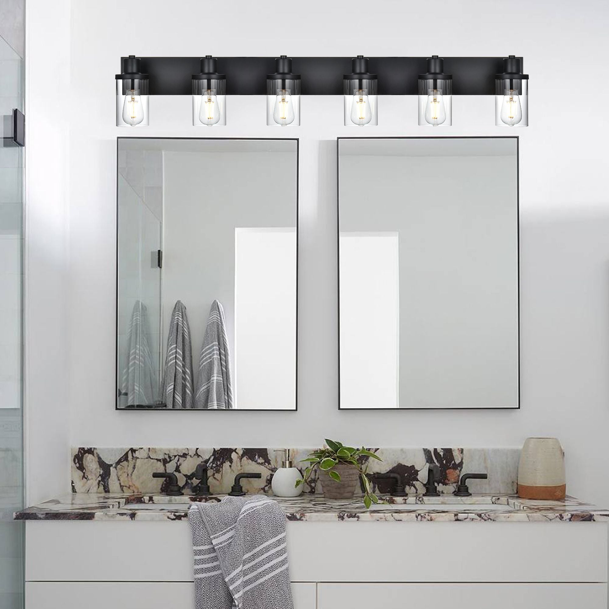 Rustic Wall Light Fixture in Matte Black with Clear Glass Shades
