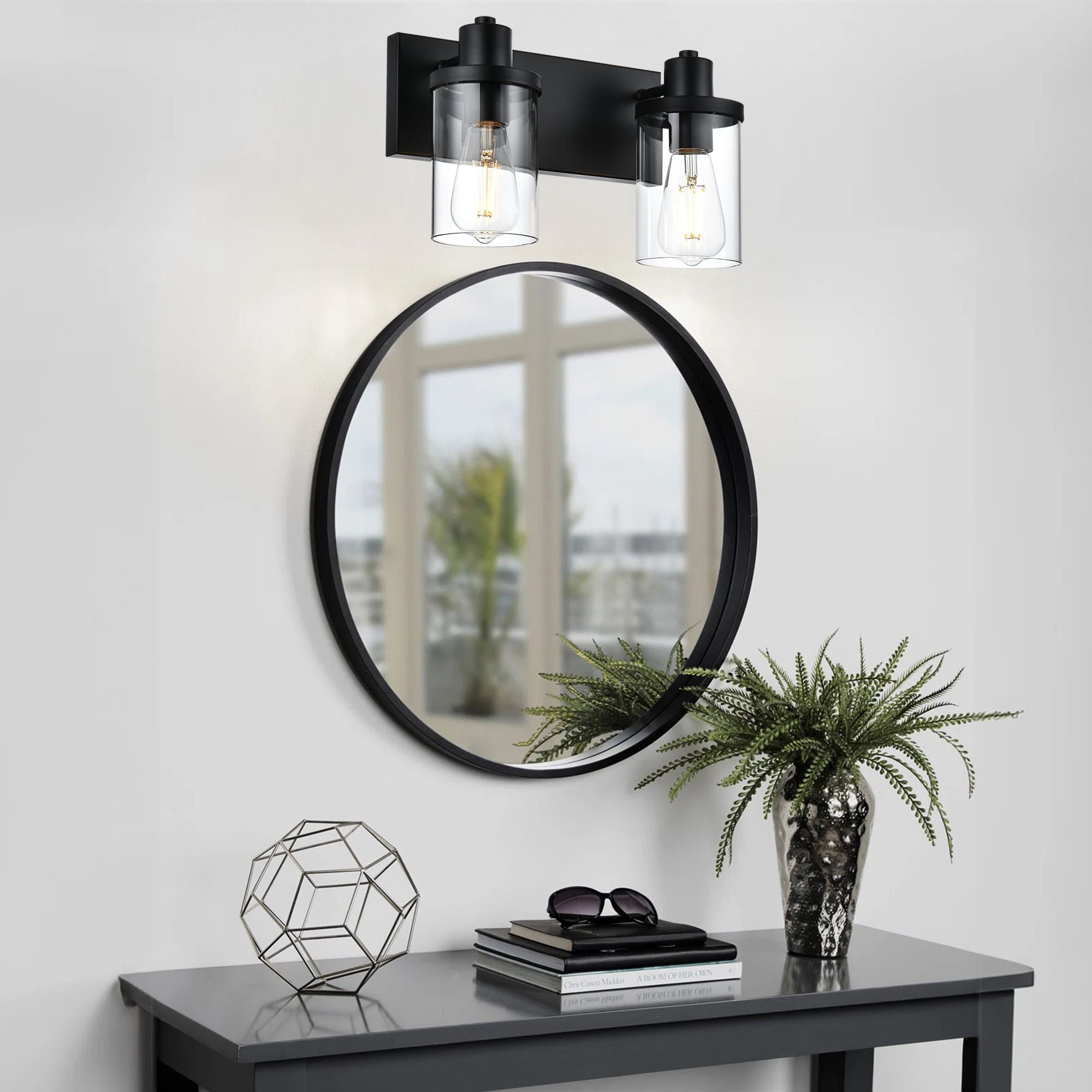 Rustic Wall Light Fixture in Matte Black with Clear Glass Shades