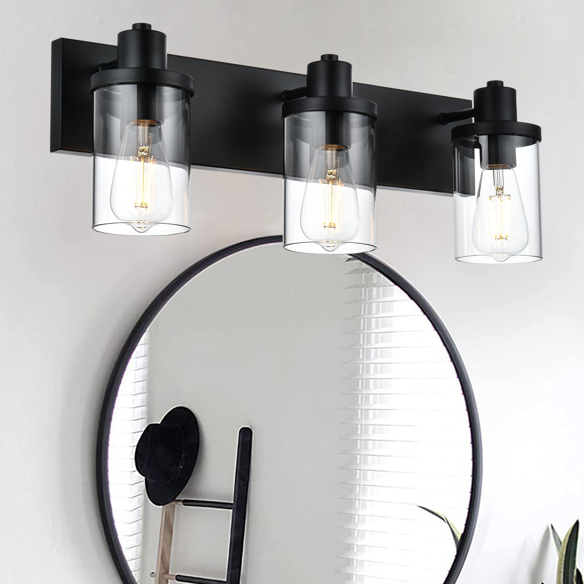 Rustic Wall Light Fixture in Matte Black with Clear Glass Shades