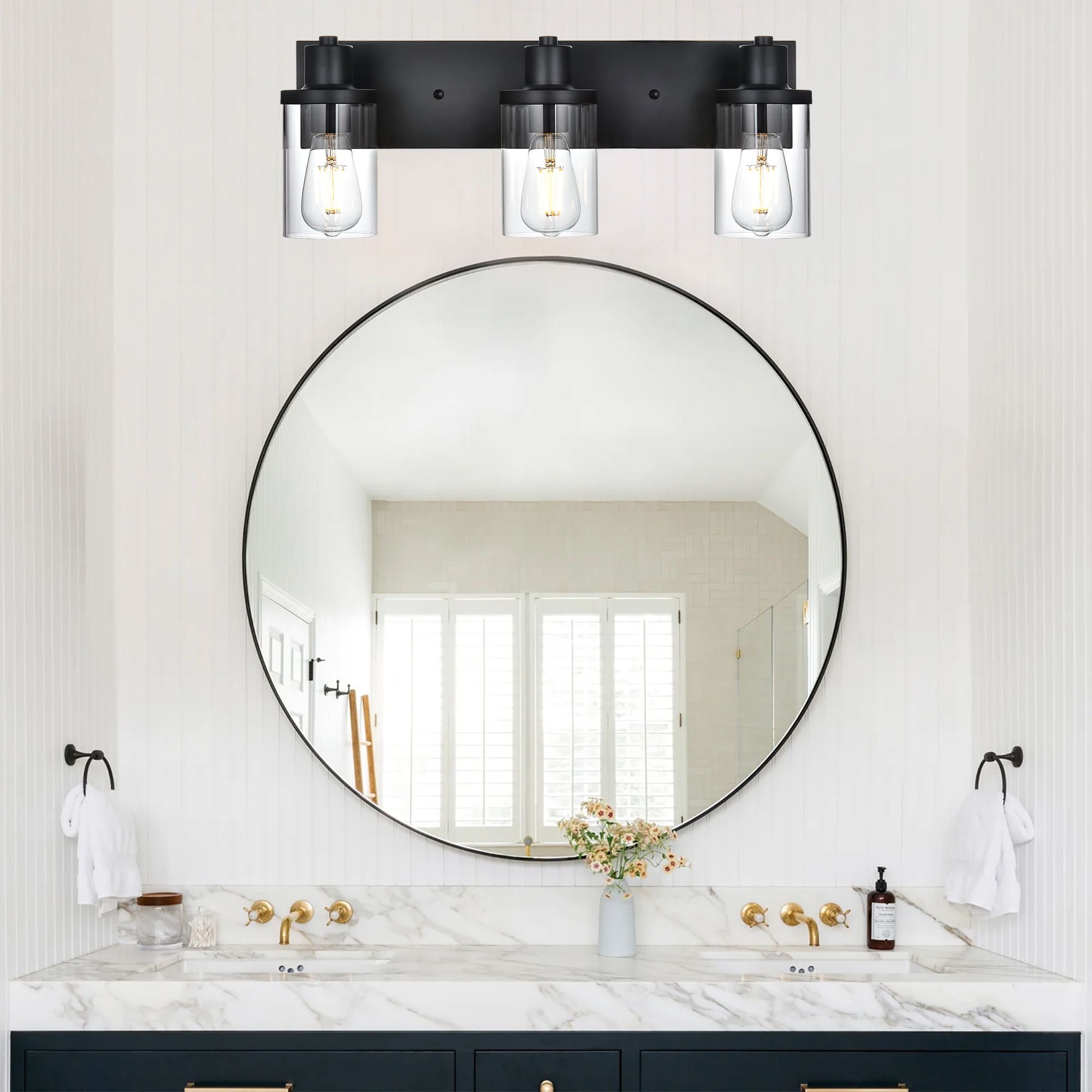 Rustic Wall Light Fixture in Matte Black with Clear Glass Shades