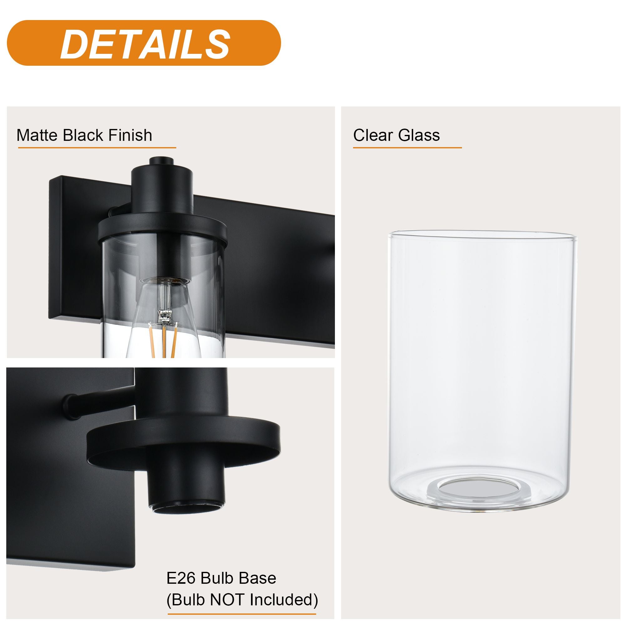 Rustic Wall Light Fixture in Matte Black with Clear Glass Shades