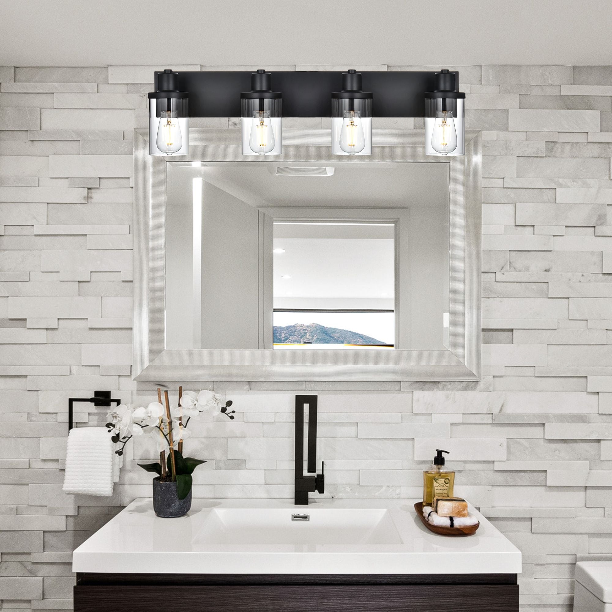 Rustic Wall Light Fixture in Matte Black with Clear Glass Shades