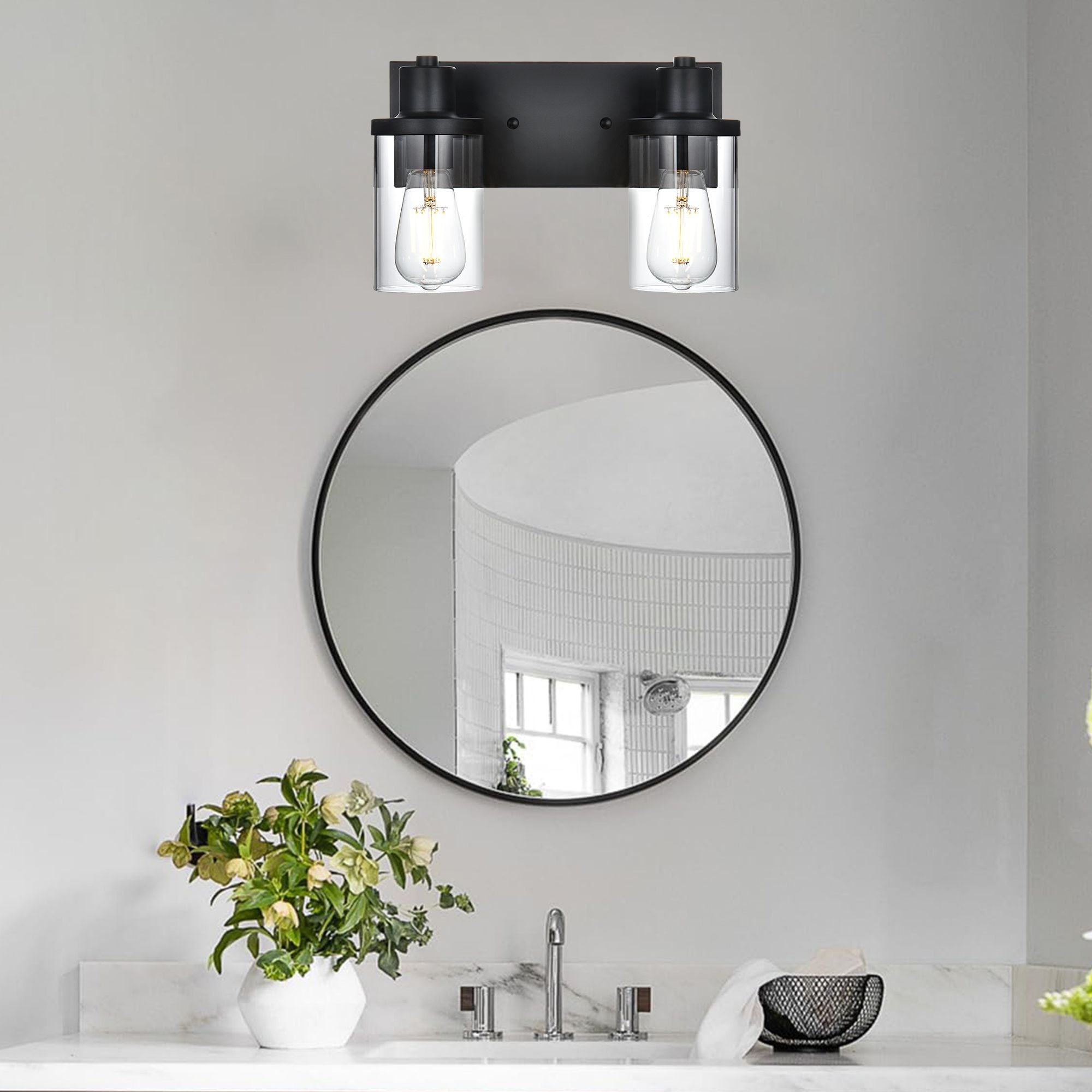 Rustic Wall Light Fixture in Matte Black with Clear Glass Shades