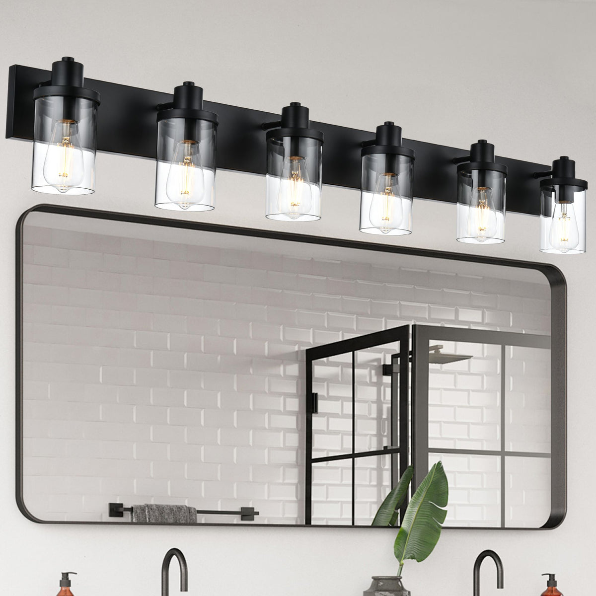 Rustic Wall Light Fixture in Matte Black with Clear Glass Shades - 6-Light