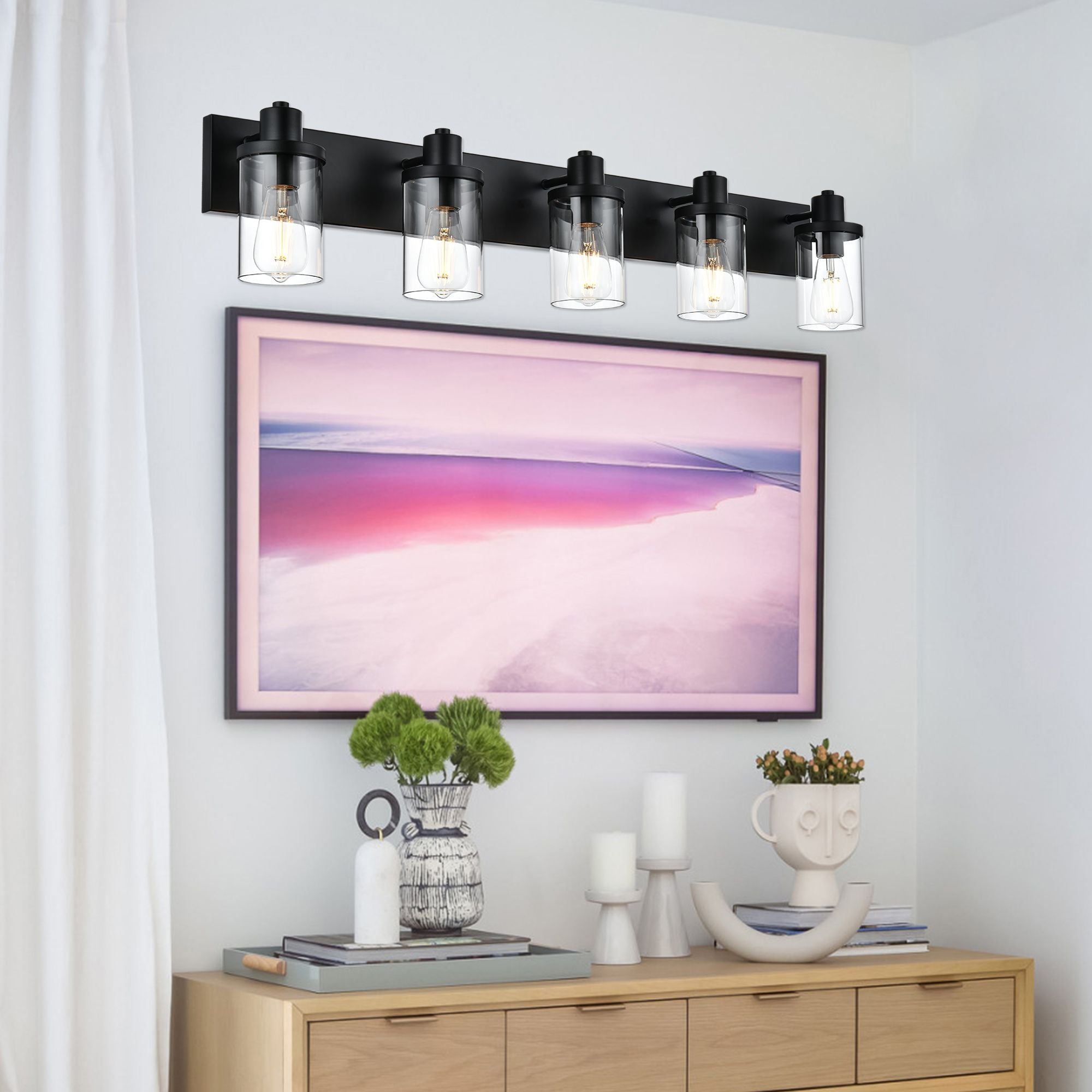 Rustic Wall Light Fixture in Matte Black with Clear Glass Shades