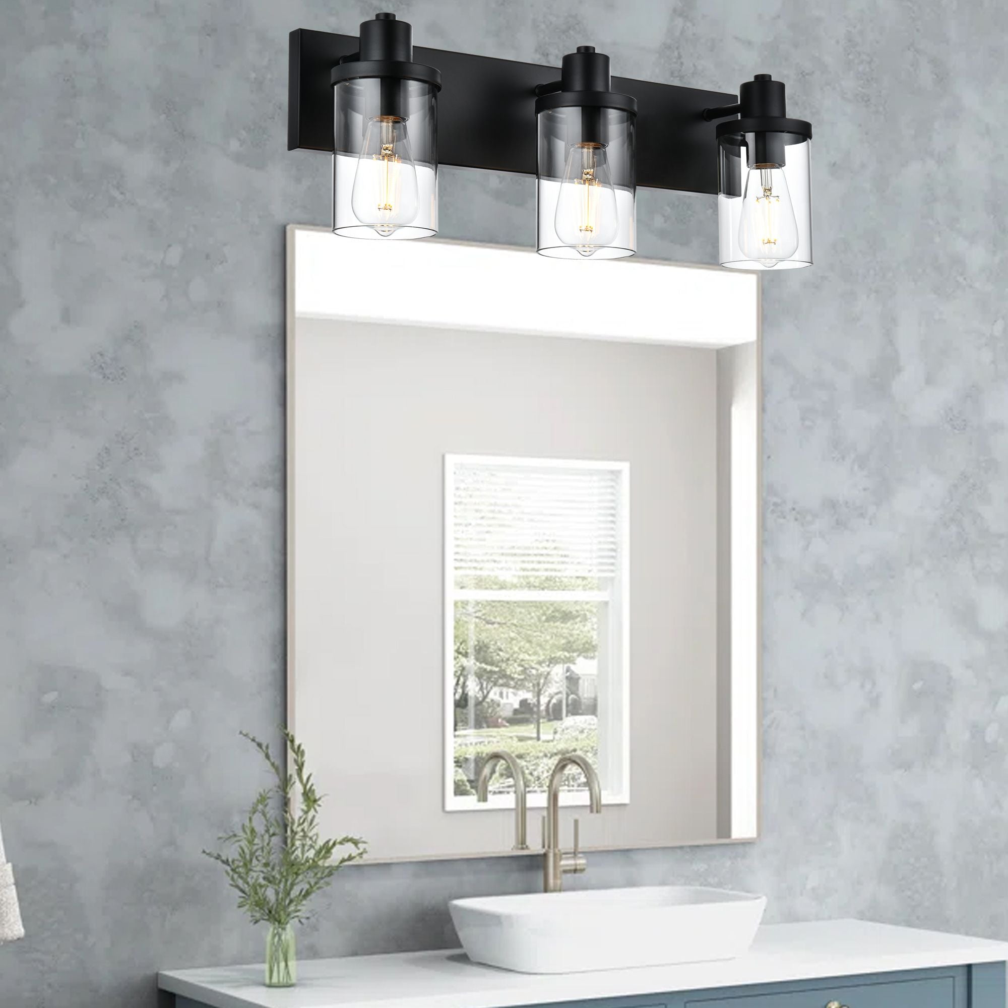 Rustic Wall Light Fixture in Matte Black with Clear Glass Shades