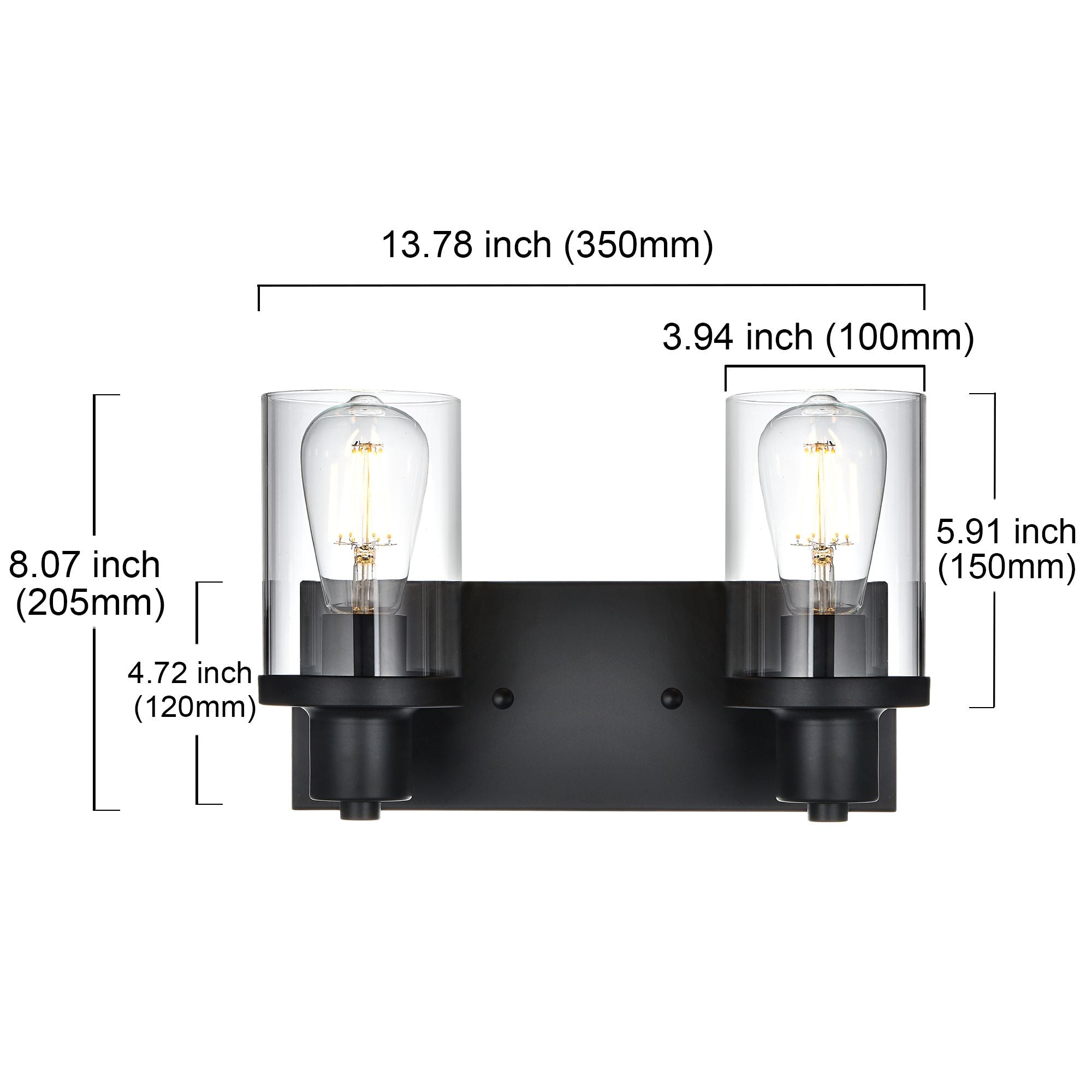 Rustic Wall Light Fixture in Matte Black with Clear Glass Shades