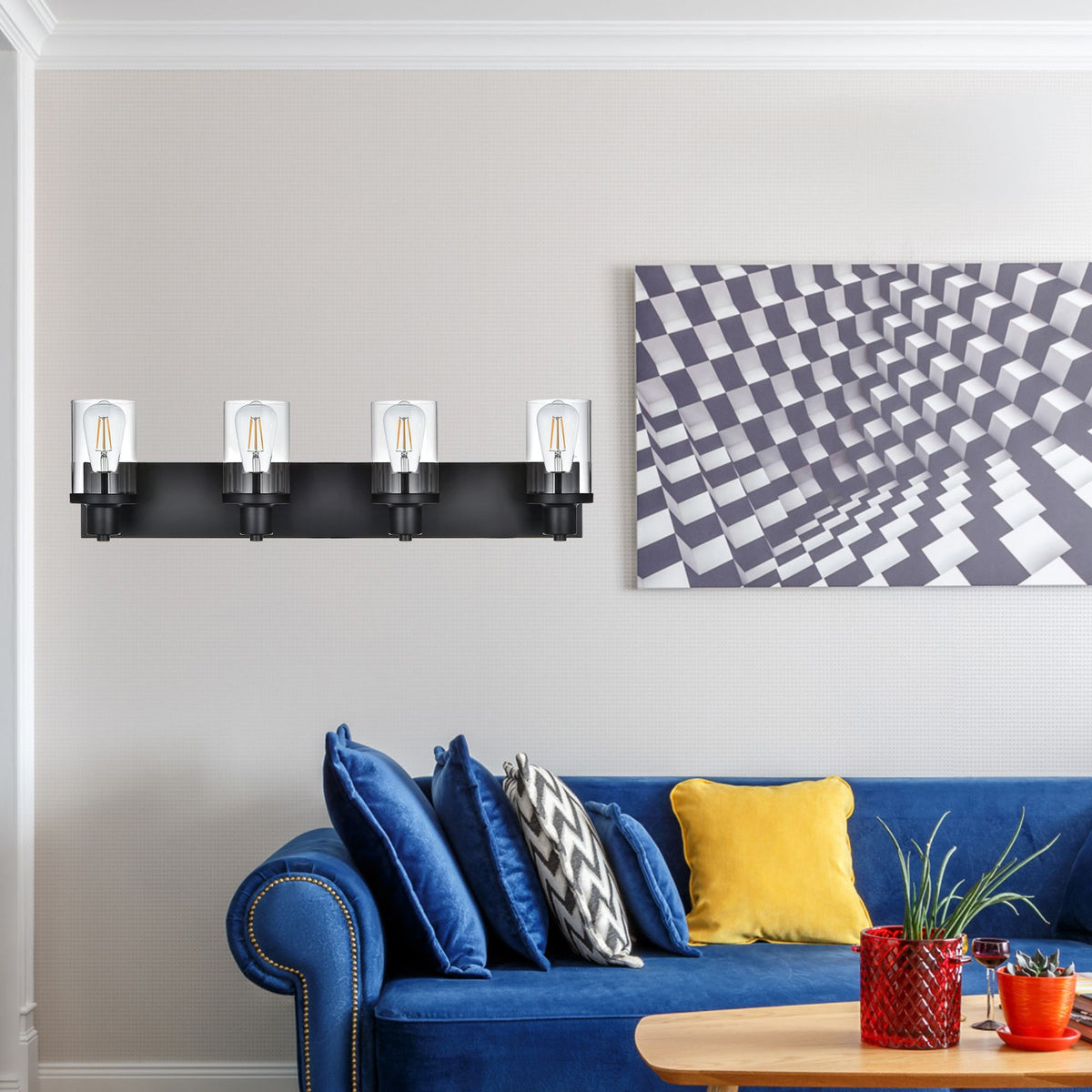 Rustic Wall Light Fixture in Matte Black with Clear Glass Shades - 4-Light