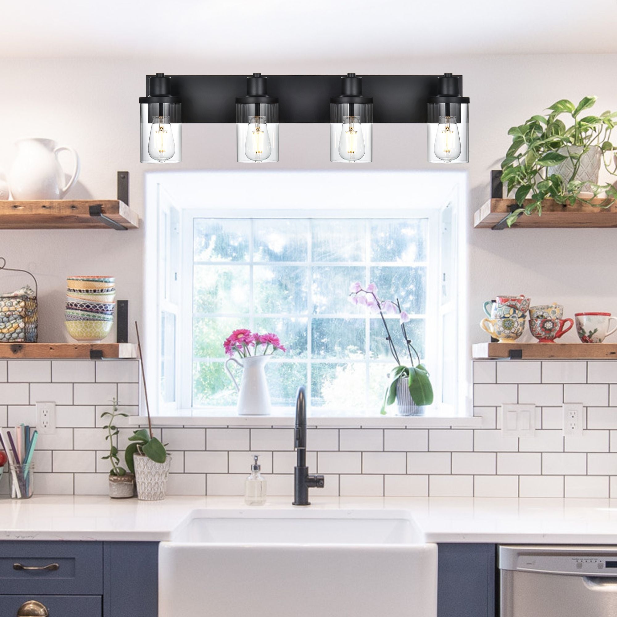Rustic Wall Light Fixture in Matte Black with Clear Glass Shades