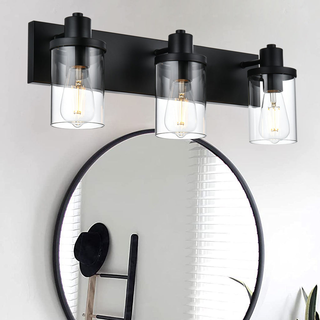 Rustic Wall Light Fixture in Matte Black with Clear Glass Shades - 3-Light