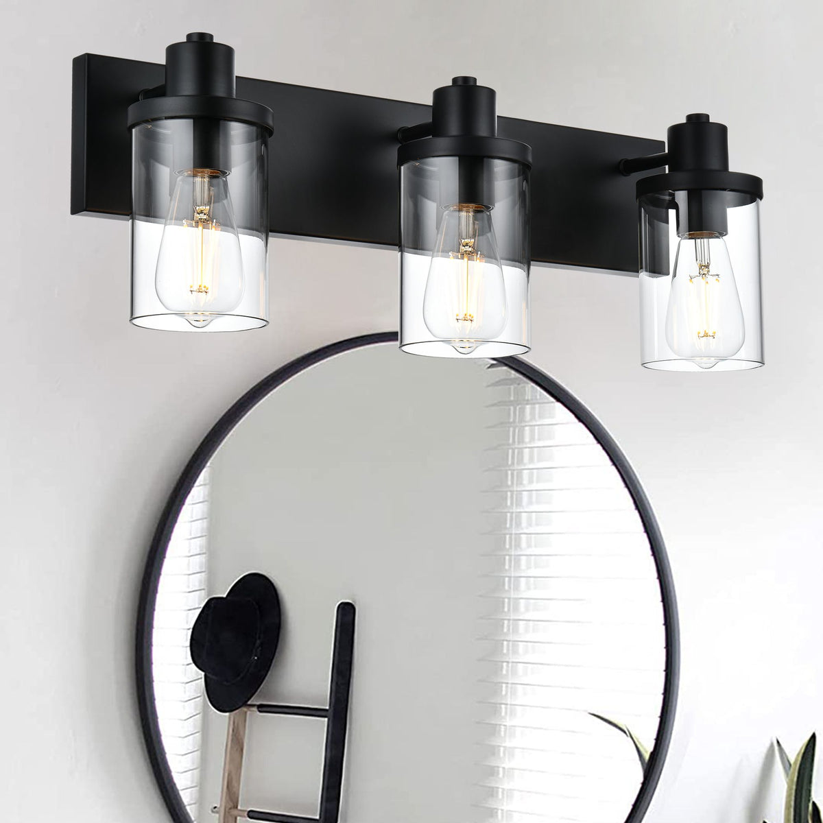 Rustic Wall Light Fixture in Matte Black with Clear Glass Shades - 3-Light
