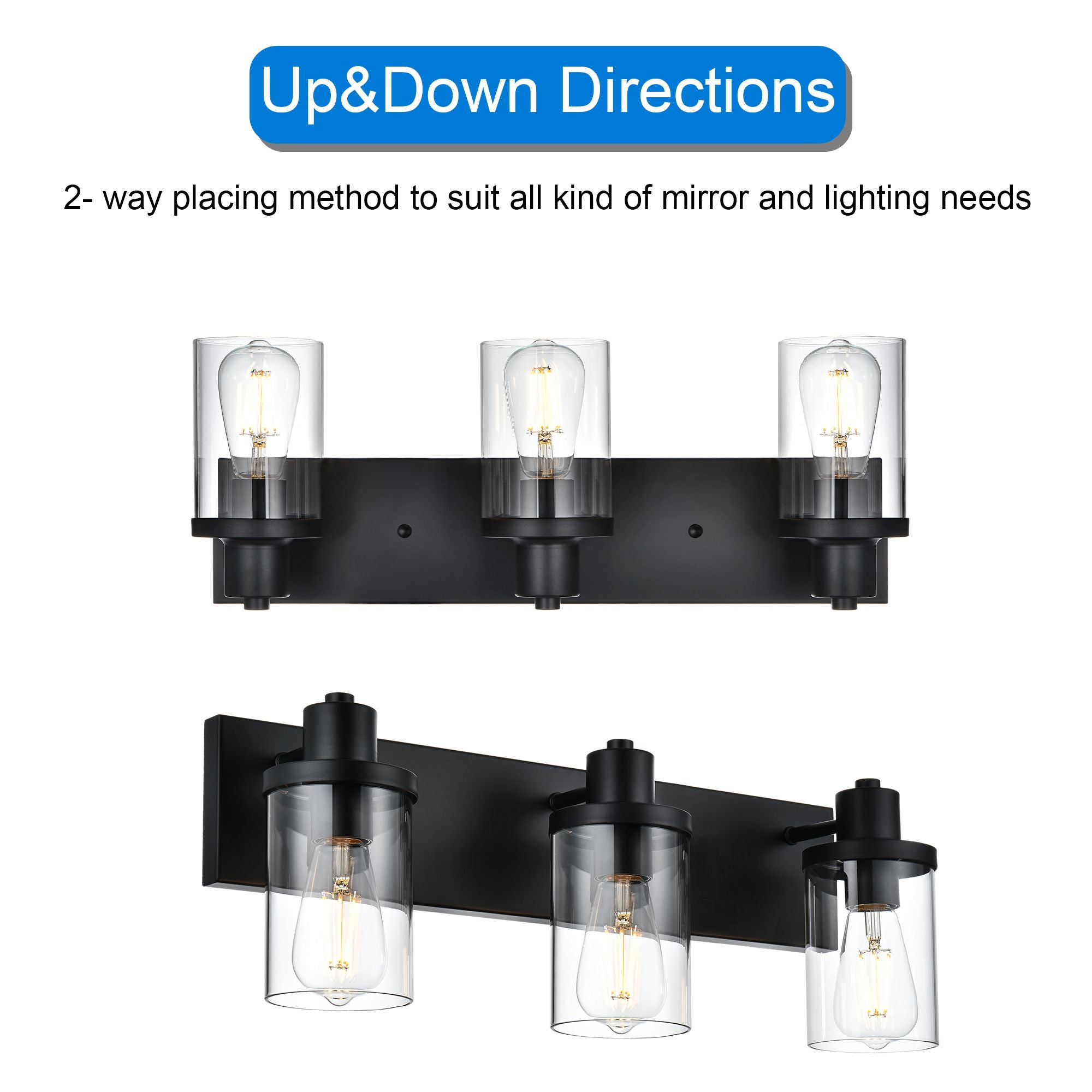 Rustic Wall Light Fixture in Matte Black with Clear Glass Shades