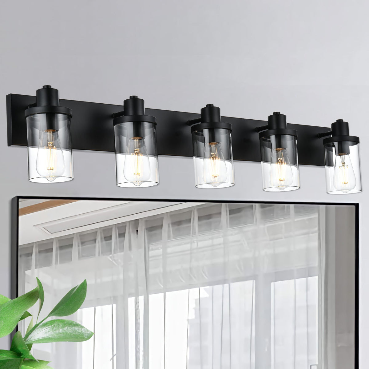 Rustic Wall Light Fixture in Matte Black with Clear Glass Shades - 5-Light