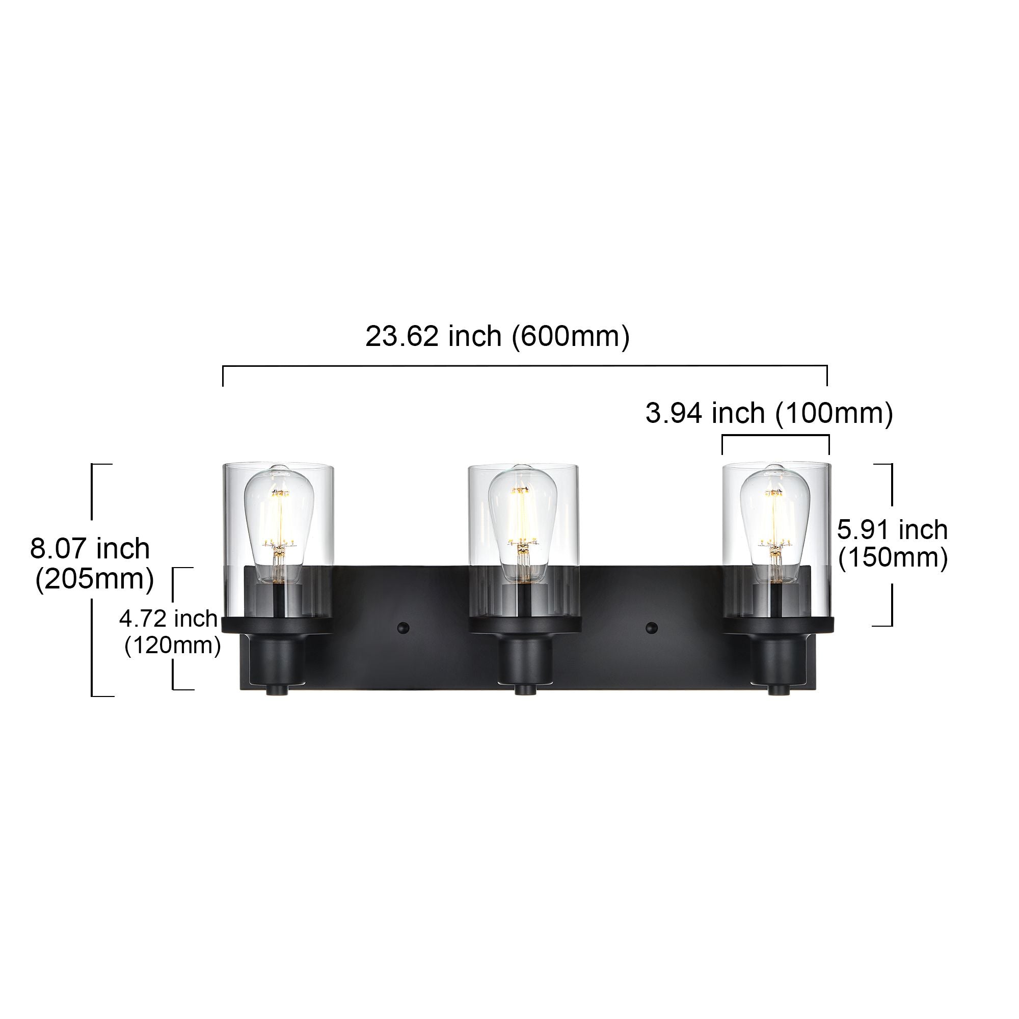 Rustic Wall Light Fixture in Matte Black with Clear Glass Shades