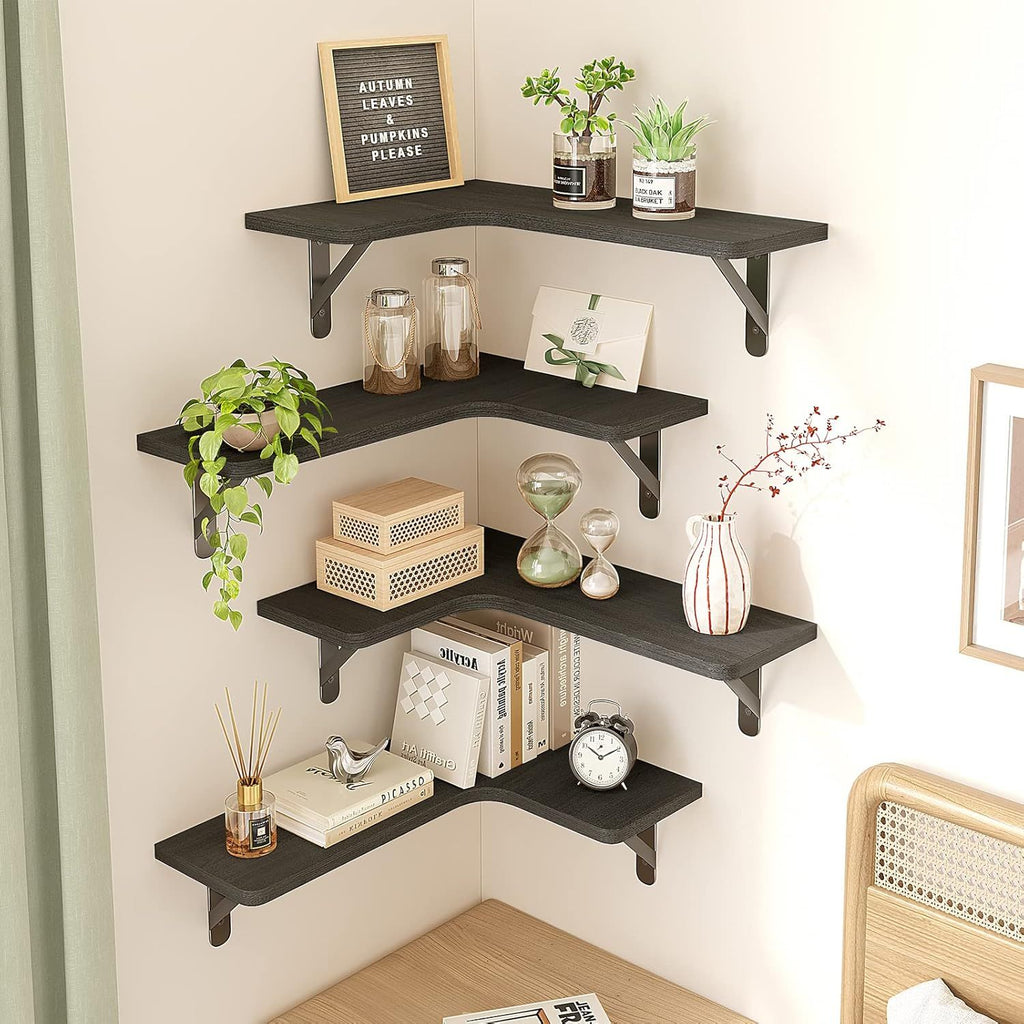 Rustic Wood Wall Mounted Corner Shelf Set of 5 for Bathroom, Kitchen, Bedroom