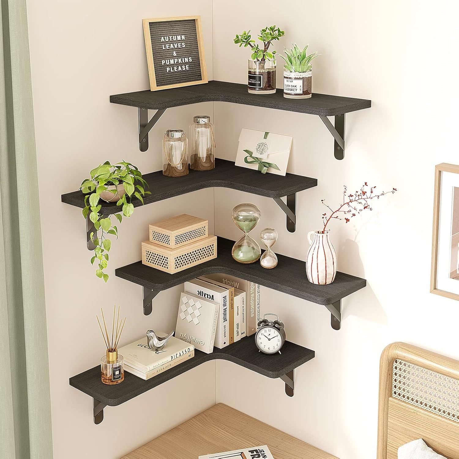 Rustic Wood Wall Mounted Corner Shelf Set of 5 for Bathroom, Kitchen, Bedroom