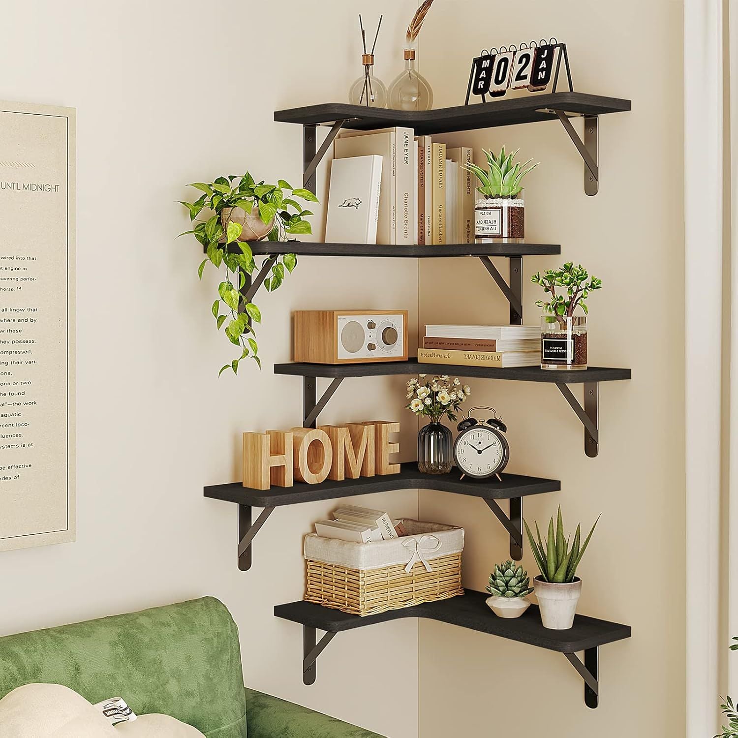 Rustic Wood Wall Mounted Corner Shelf Set of 5 for Bathroom, Kitchen, Bedroom