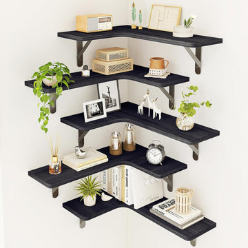Rustic Wood Wall Mounted Corner Shelf Set of 5 for Bathroom, Kitchen, Bedroom