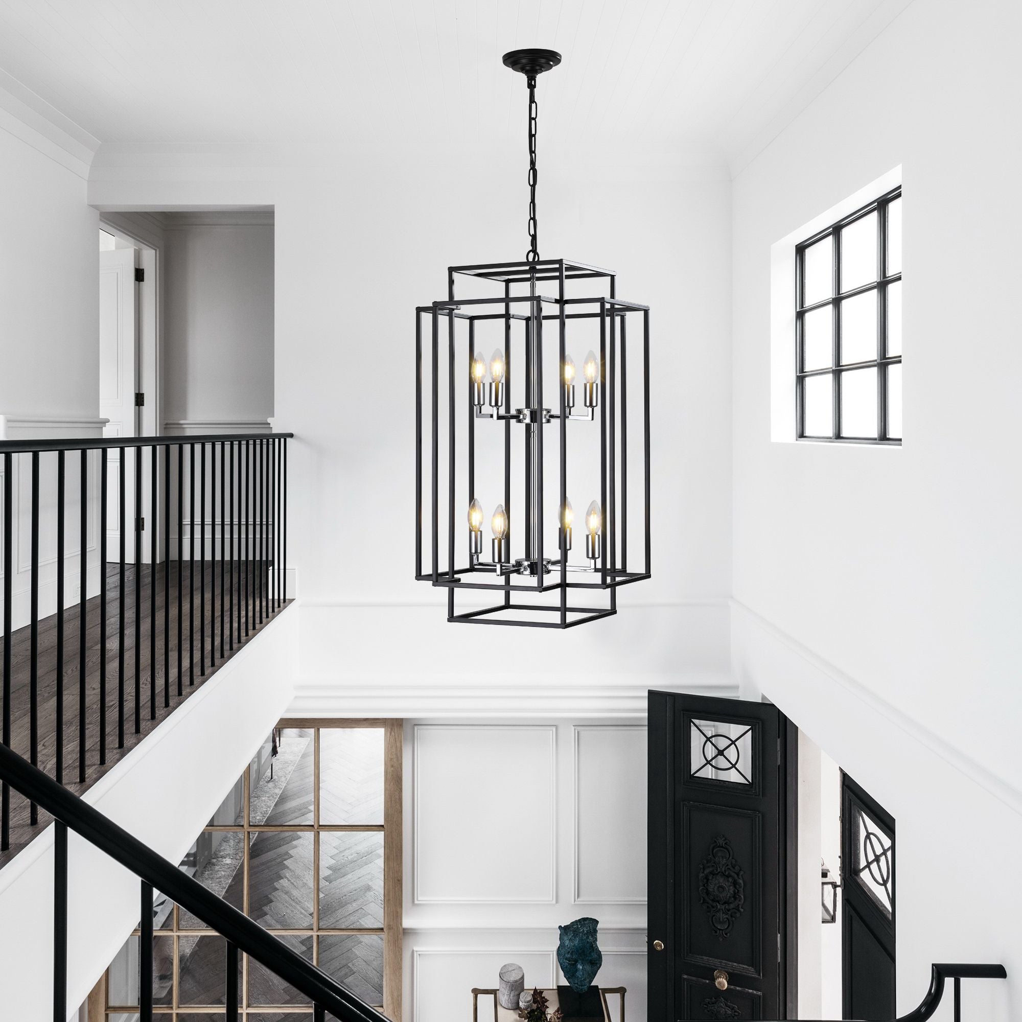 Black and Chrome Geometric Eight-Light Chandelier