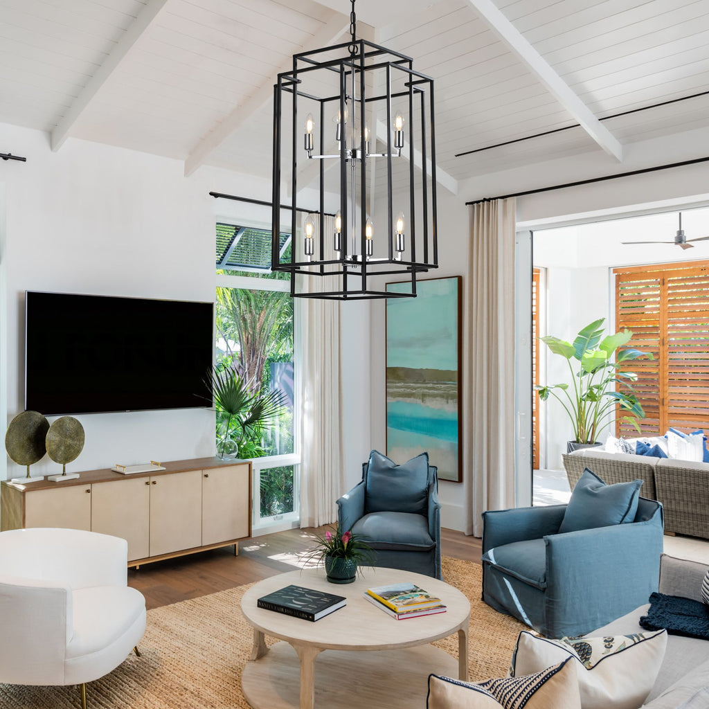 Black and Chrome Geometric Eight-Light Chandelier