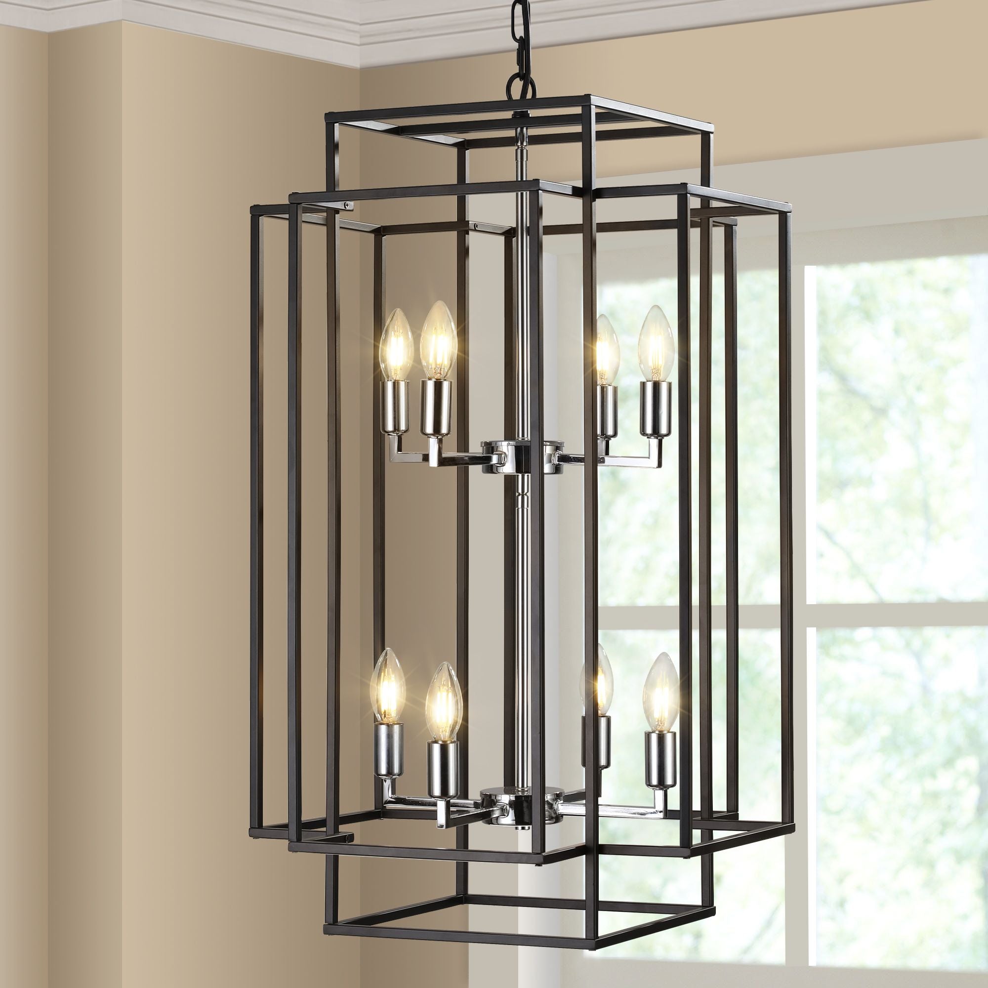 Black and Chrome Geometric Eight-Light Chandelier