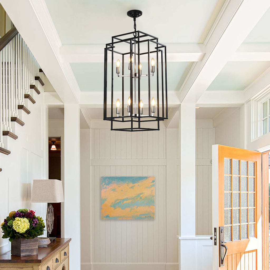 Black and Chrome Geometric Eight-Light Chandelier