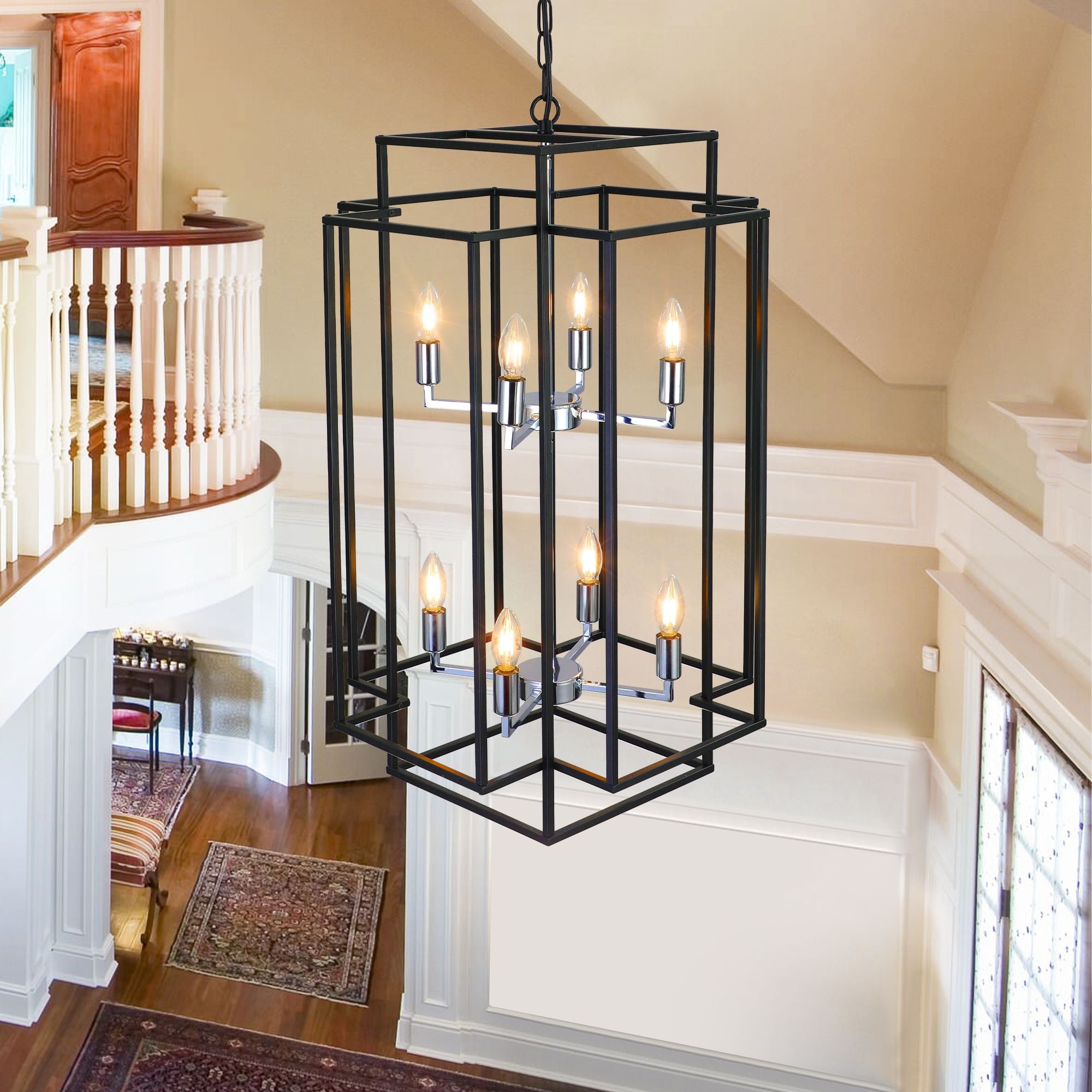 Black and Chrome Geometric Eight-Light Chandelier