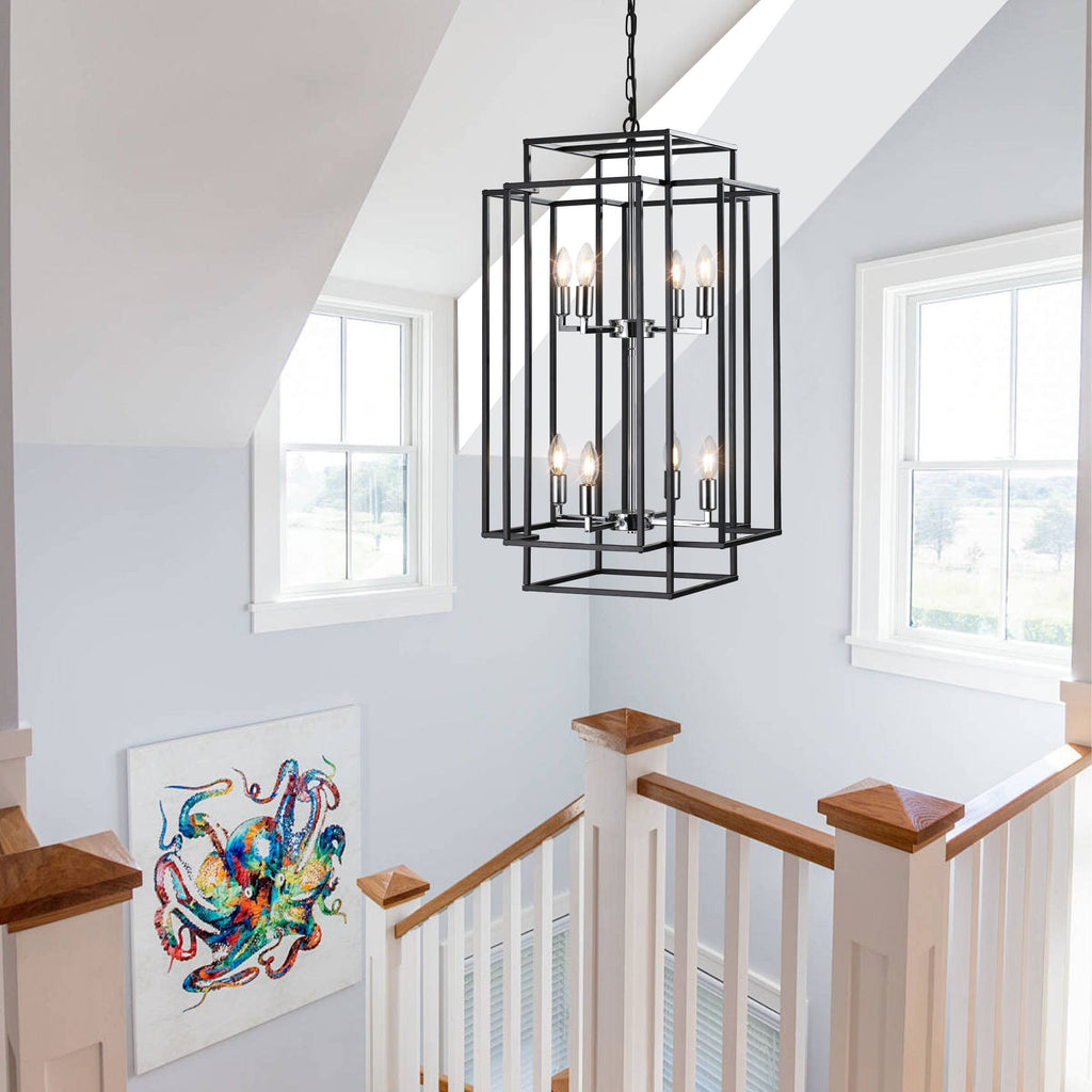 Black and Chrome Geometric Eight-Light Chandelier