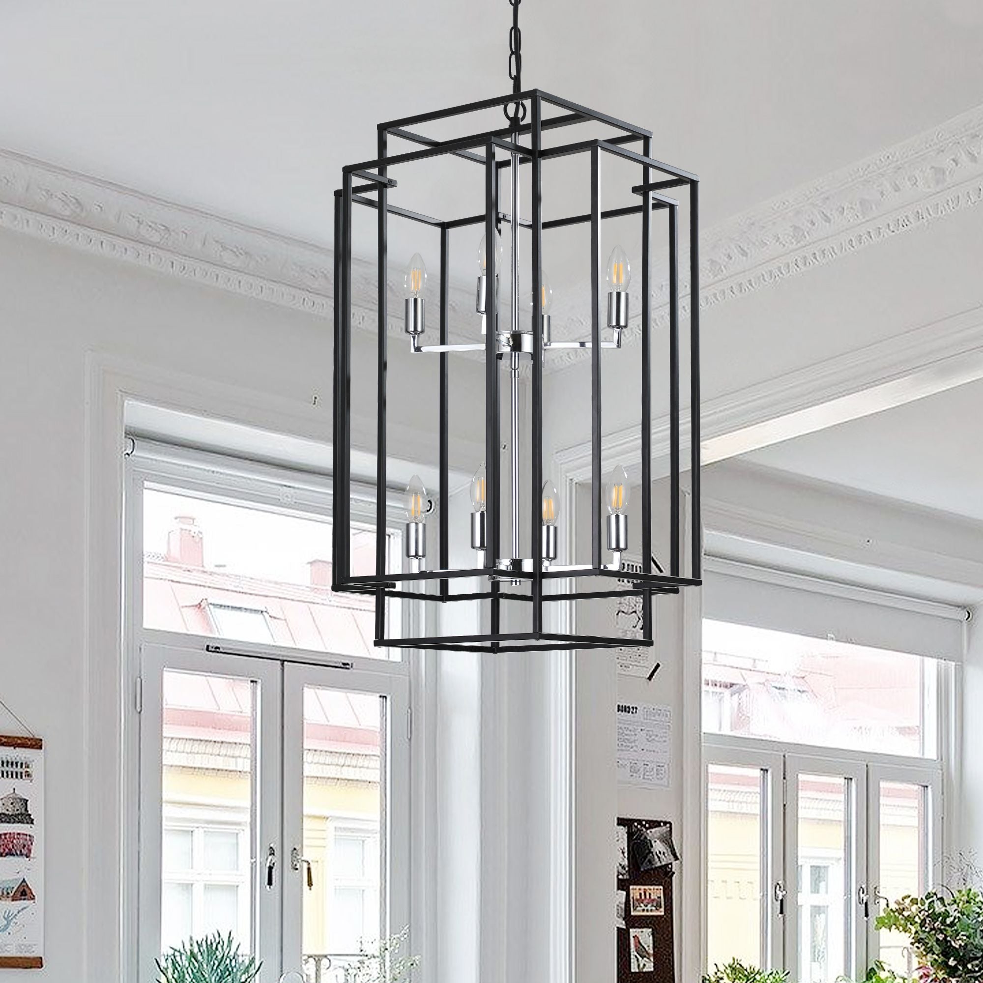 Black and Chrome Geometric Eight-Light Chandelier