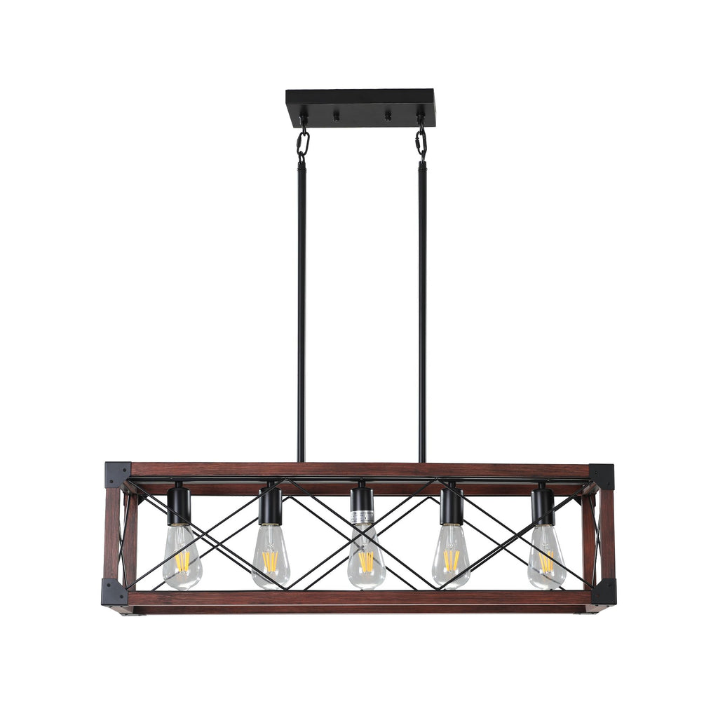Red Wood Industrial Farmhouse Rectangle Pendant Light – 5-Light Chandelier