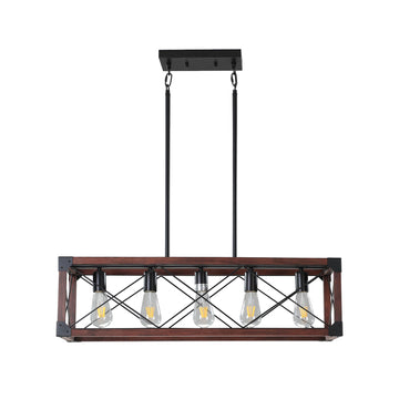 Red Wood Industrial Farmhouse Rectangle Pendant Light – 5-Light Chandelier