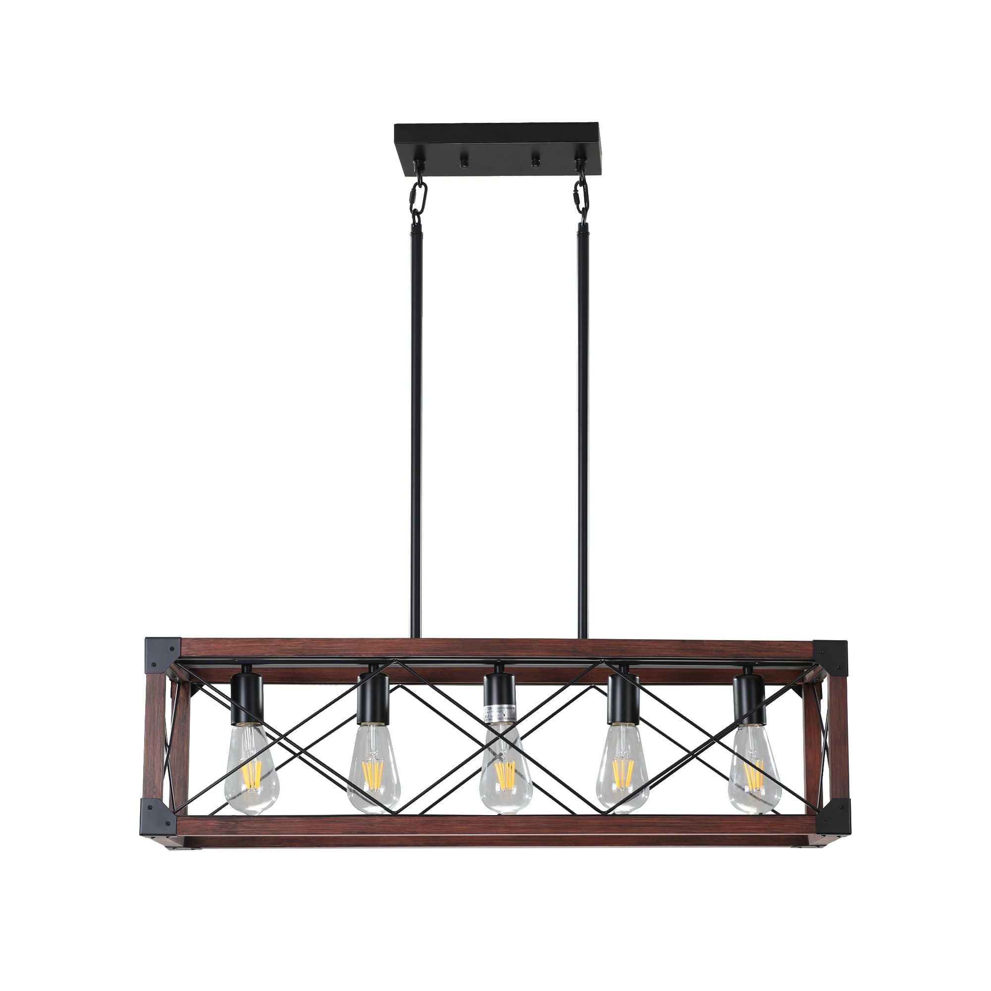 Red Wood Industrial Farmhouse Rectangle Pendant Light – 5-Light Chandelier