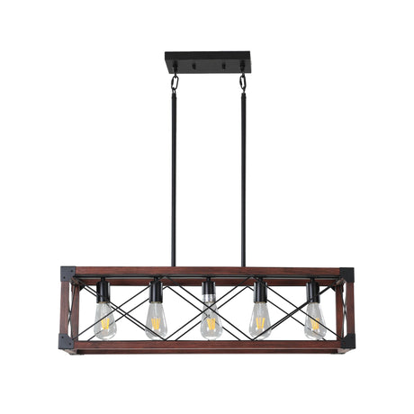 Red Wood Industrial Farmhouse Rectangle Pendant Light – 5-Light Chandelier