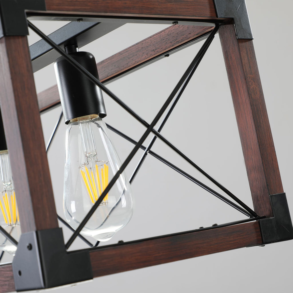 Red Wood Industrial Farmhouse Rectangle Pendant Light – 5-Light Chandelier