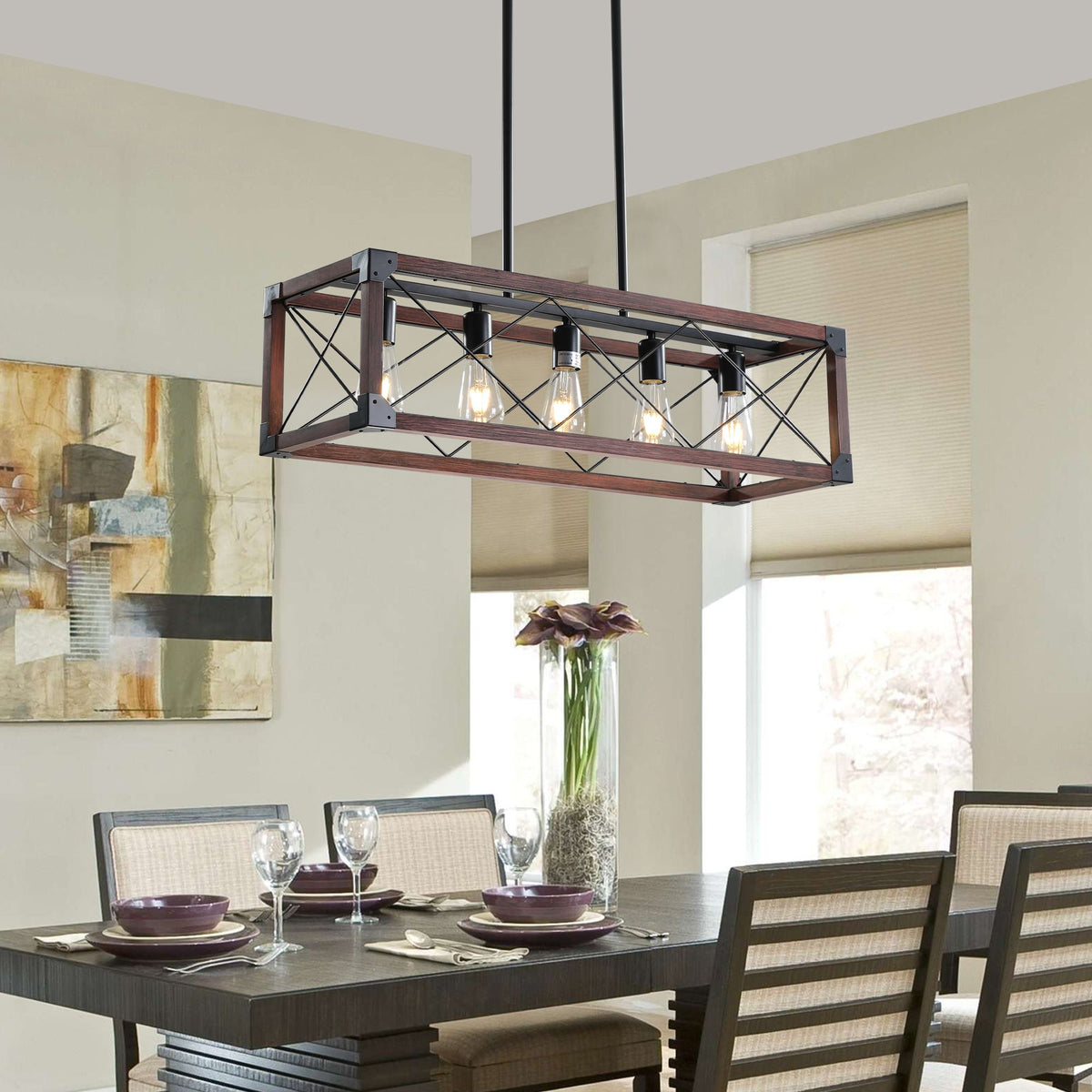 Red Wood Industrial Farmhouse Rectangle Pendant Light – 5-Light Chandelier